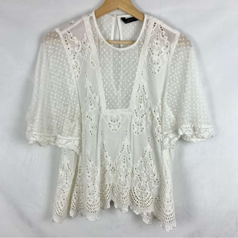 ZARA WOMAN Flowy Boho Lace Eyelet Blouse Peasant‎ Blouse Sz Sm